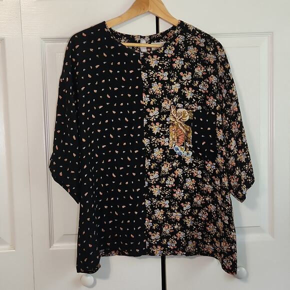 Vintage A.K.F. FOR MS ITERPRET Black Floral Textured Blouse Shirt XL Cottagecore - Picture 1 of 10